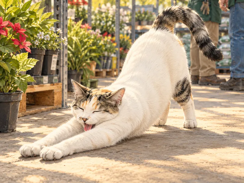 Illustration of Francine stretching and yawning contentedly in her familiar garden-store aisle.