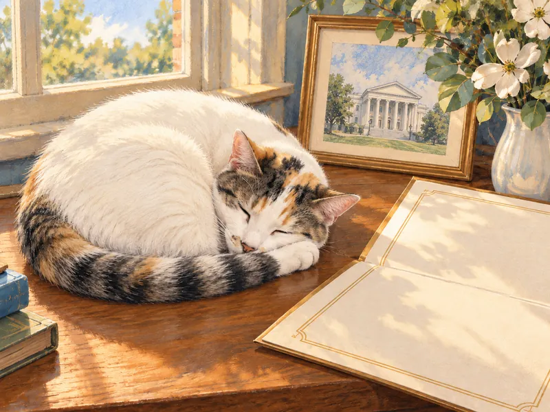 Symbolic illustration of Francine curled up asleep beside a document and a framed sketch of Virginia's capitol.