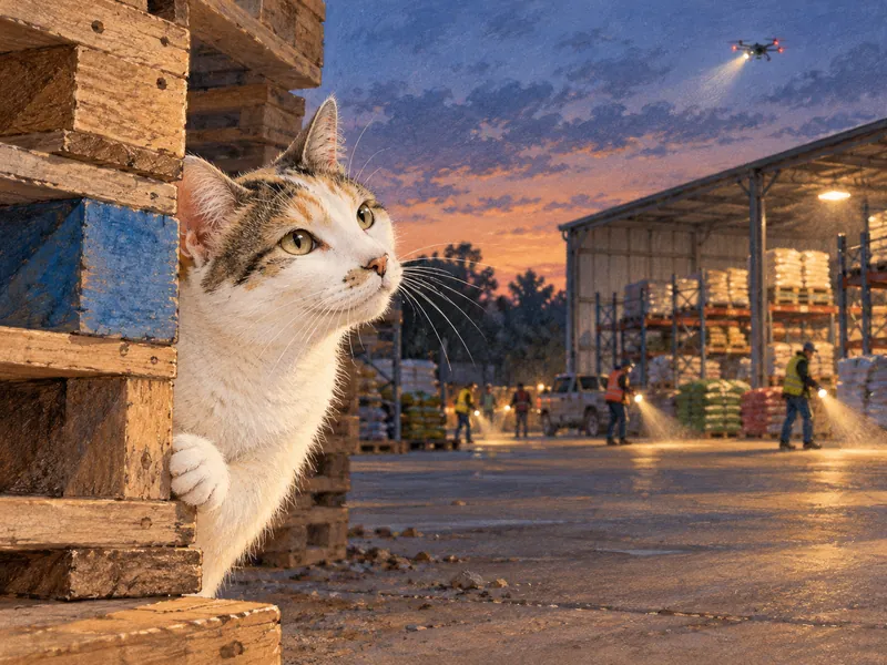 Illustration of Francine peeking around pallets with a curious head tilt, while volunteers and a drone search in the distance.