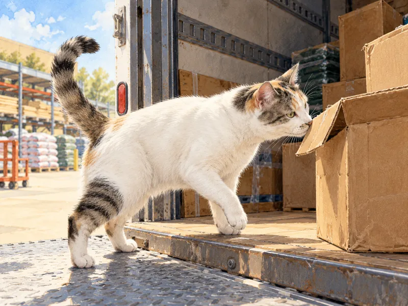 Illustration of Francine stepping into a delivery truck, tail raised as she sniffs a cardboard box.